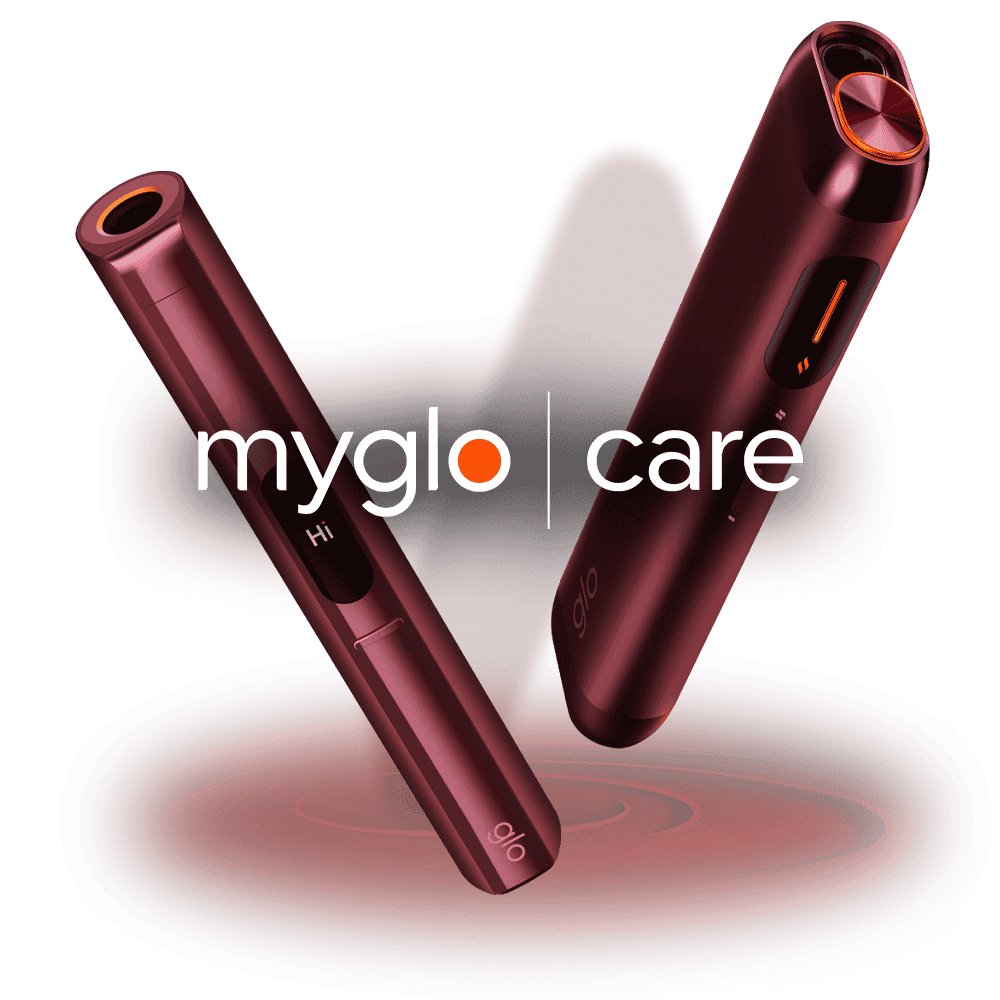 Two sleek, maroon-colored electronic devices with orange accents floating against a white background, with the text myglo | care centered between them.