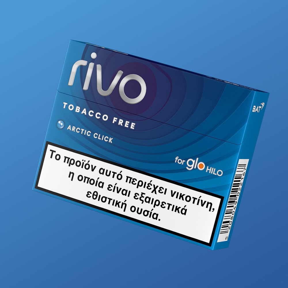 A blue box labeled rivo™ Arctic Click for glo HILO with a Greek warning about nicotine, a highly addictive substance, displayed against a blue background.