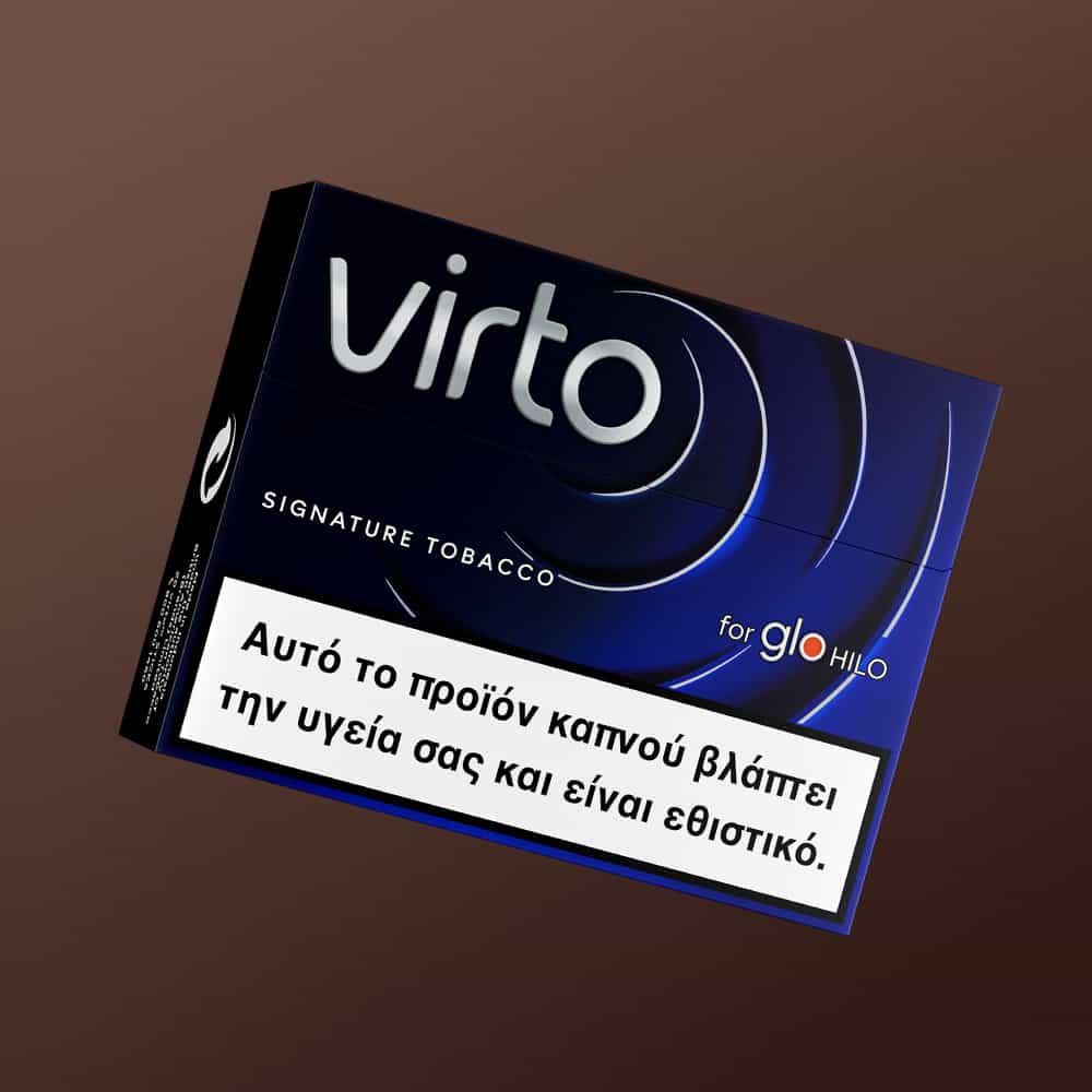 A dark-colored pack of virto™ Signature Tobacco for glo HILO with a Greek health warning label stating it is harmful and addictive, set against a brown gradient background.