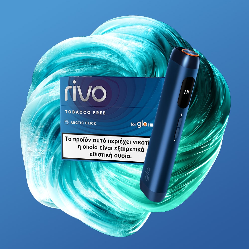 A blue electronic smoking device and a rivo™ Arctic Click tobacco-free pack are displayed against a swirling teal and white abstract background. Greek text appears on the rivo™ Arctic Click pack.