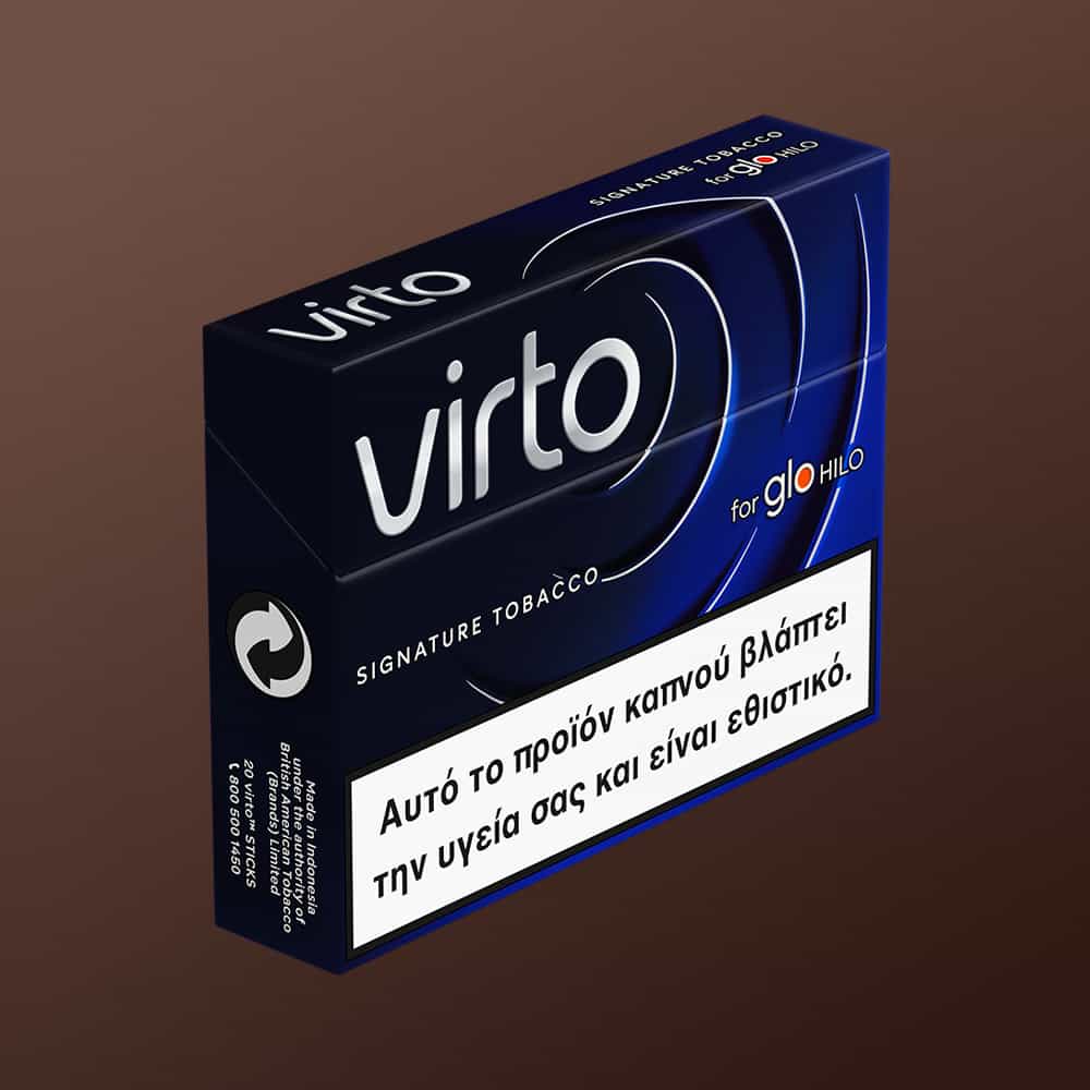 A dark blue virto™ Signature Tobacco for glo HILO pack with a white Greek warning label stating the product is harmful to health and addictive.