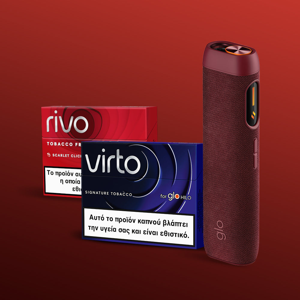 The glo™ HILO Sleeve, a red electronic tobacco device with a premium fabric cover, stands upright before two cigarette packs labeled rivo (red) and virto (blue) with Greek health warnings, set against a red gradient background.
