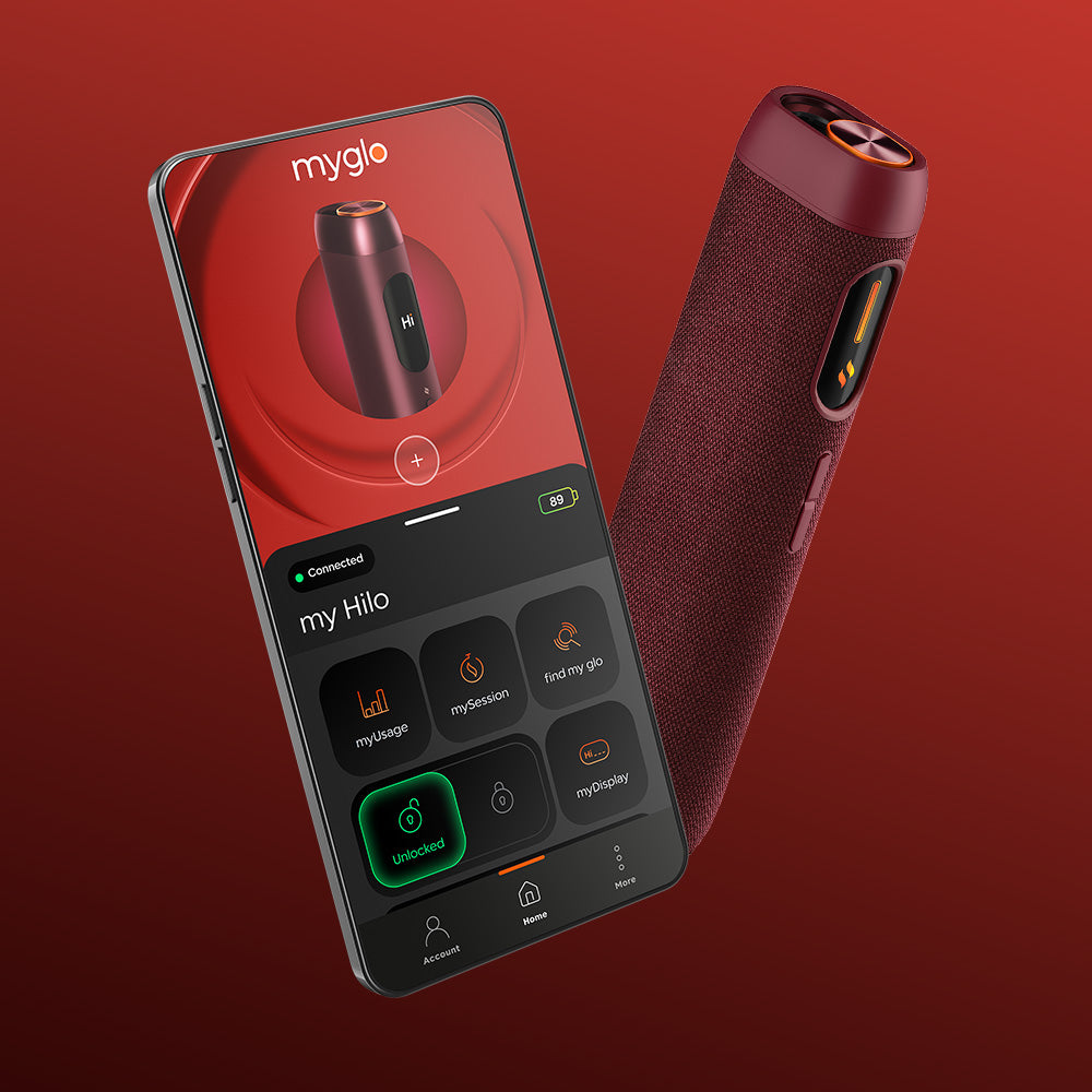 A smartphone displays the myglo app with device controls and status. Next to it is the maroon glo™ HILO Sleeve, a cylindrical smart device with a premium fabric cover, both shown on a red gradient background.