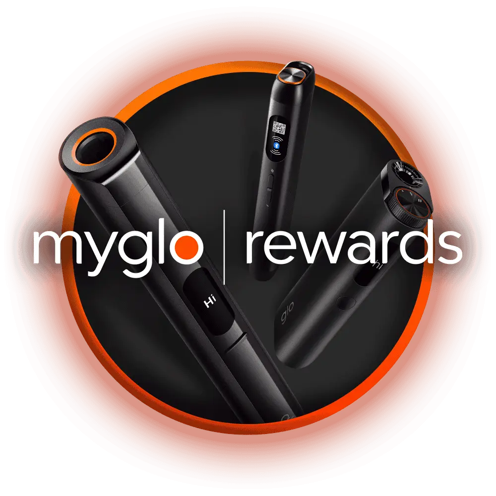 Three black electronic devices are displayed in a dark circle with an orange rim. The words myglo | rewards are overlaid in white text across the center of the image.
