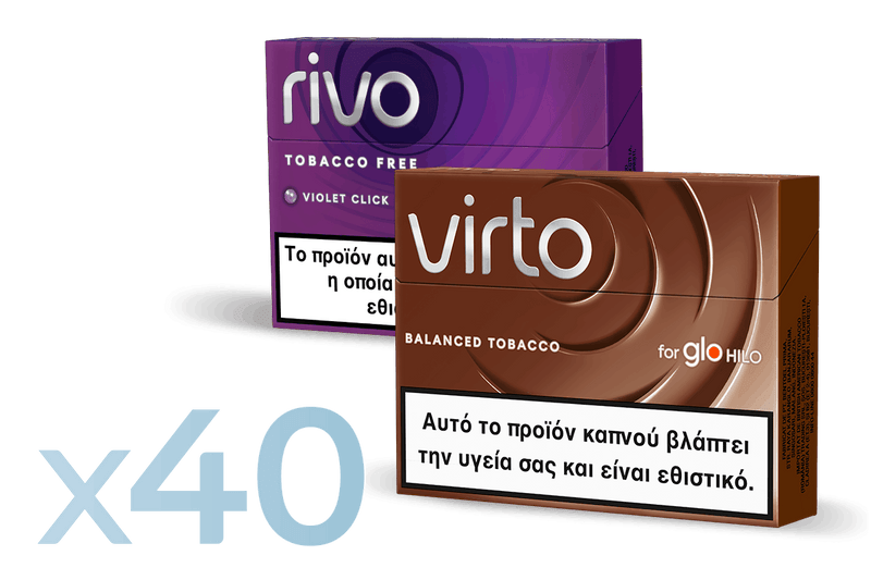 Two boxes of tobacco-free products labeled rivo (purple) and virto (brown) with Greek text, shown above a large x40 in blue, indicating quantity.