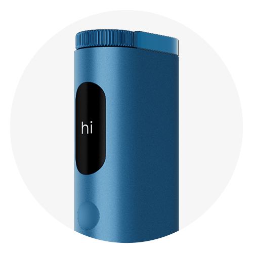 A small, cylindrical blue device with a black vertical screen displaying the word hi in white text. The top has a ridged edge, and the background is plain white.