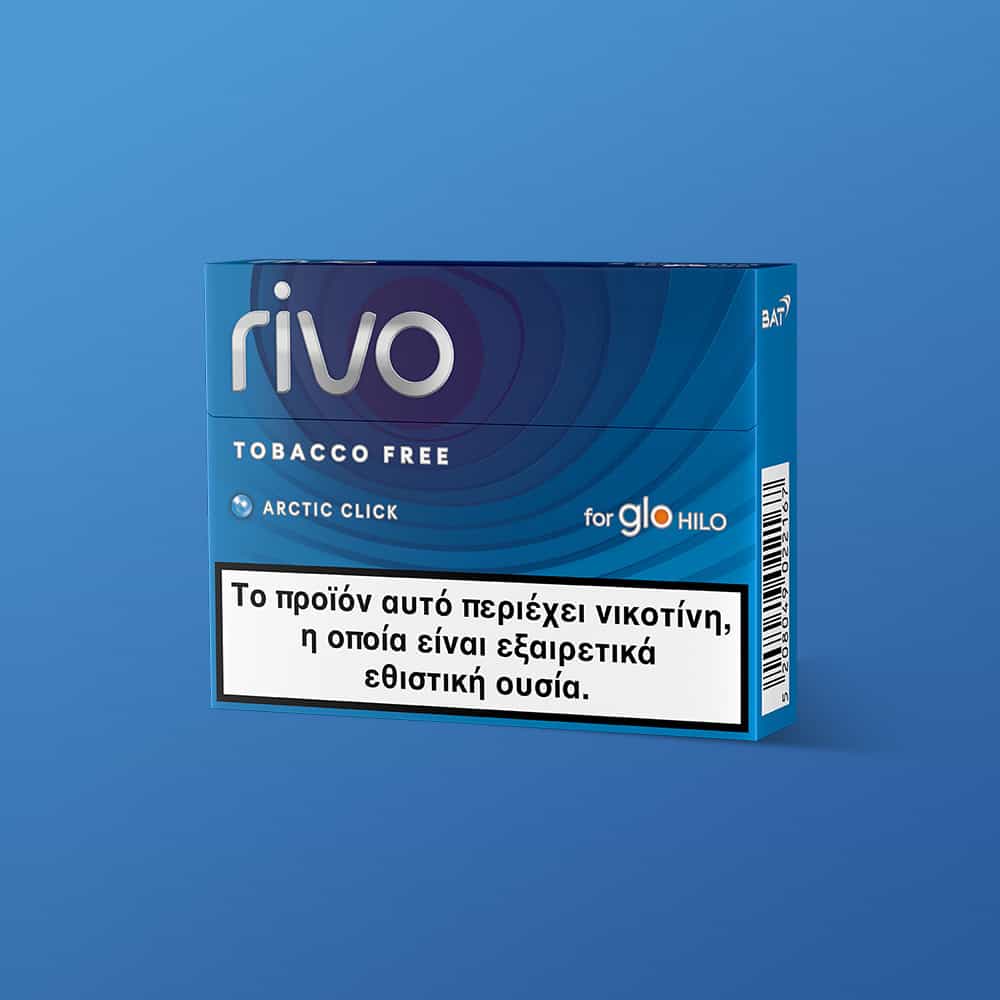 A blue box labeled rivo TOBACCO FREE ARCTIC CLICK for glo HILO is shown on a blue background. A white warning label in Greek is displayed on the front of the box.