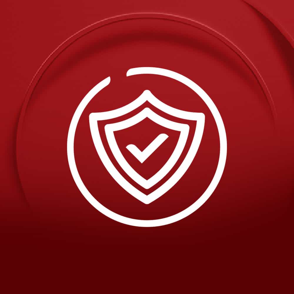 A white shield with a checkmark inside a circle is centered on a red background with subtle curved patterns.