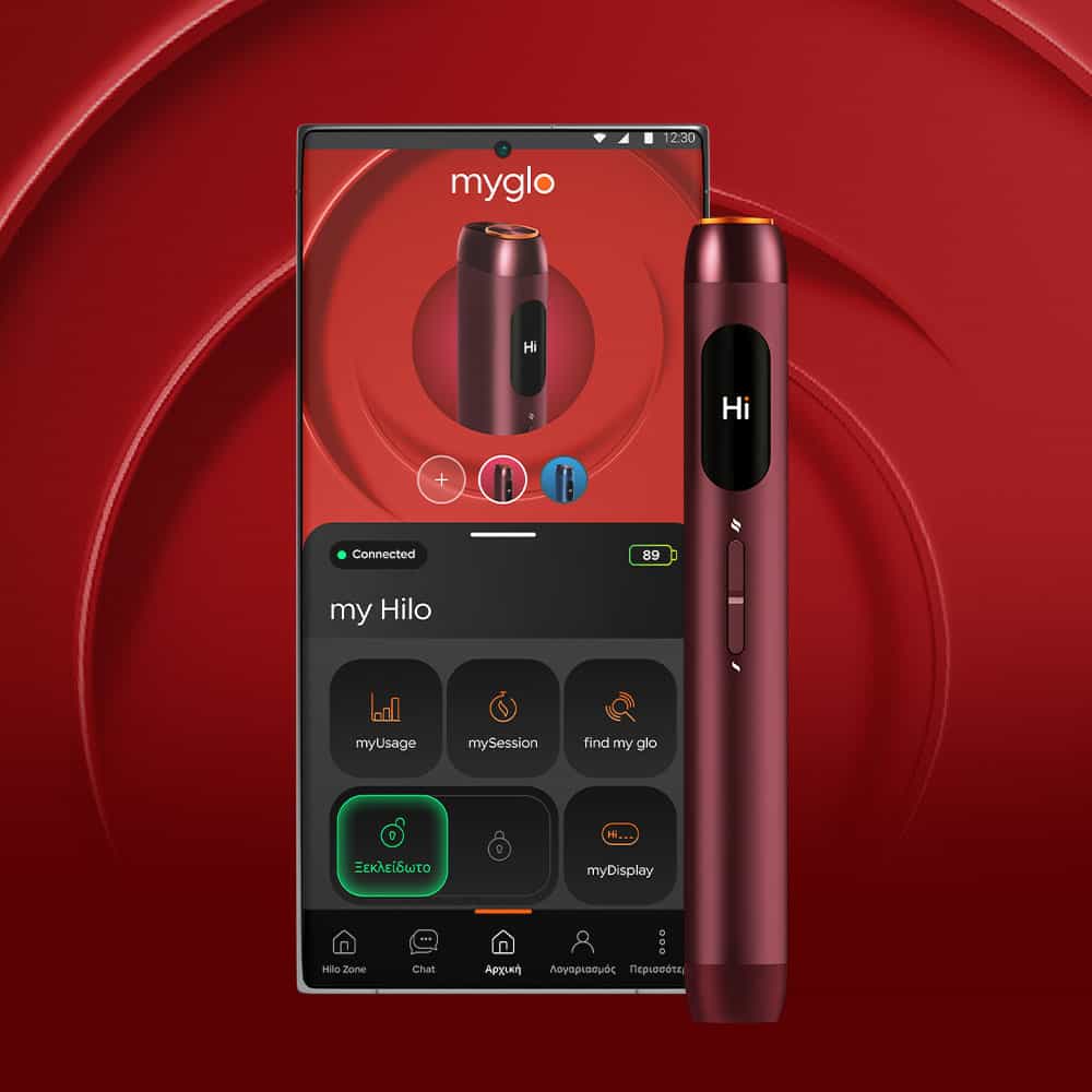 A burgundy-colored electronic device labeled Hi is displayed next to a smartphone showing a matching app interface called myglo, with various menu icons and a connected status on a red background.