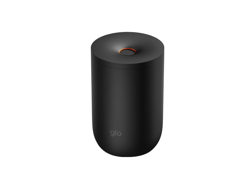 A sleek, cylindrical black device with a small circular opening on top and the word glo printed on the front, set against a plain white background.