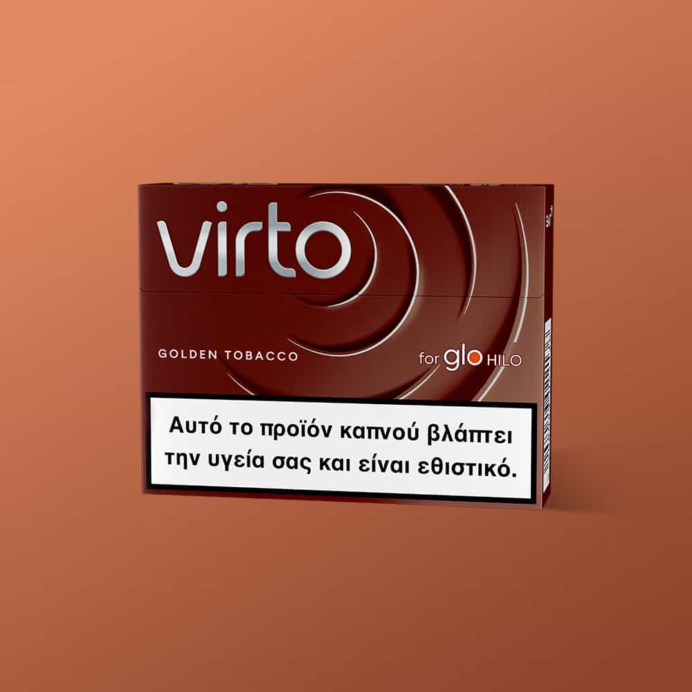 A maroon Virto Golden Tobacco box with a Greek health warning in black and white that translates to This tobacco product damages your health and is addictive. The box is set against a plain brown background.