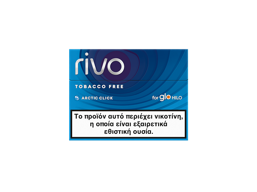 A blue Rivo tobacco-free Arctic Click product box for glo Hilo, featuring a Greek warning label stating the product contains nicotine, a highly addictive substance.