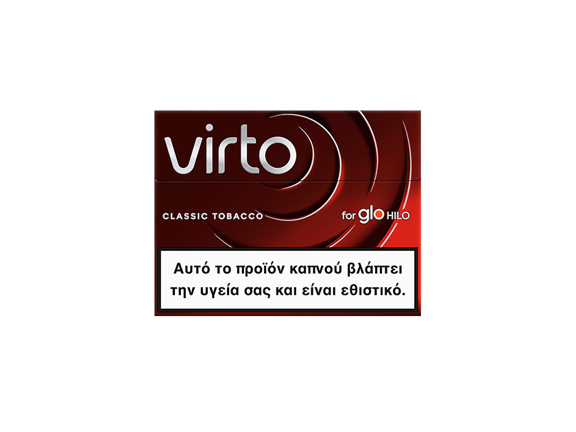 A red and brown Virto Classic Tobacco package with white swirling lines. A white warning label in Greek at the bottom states the product is harmful to health and addictive.