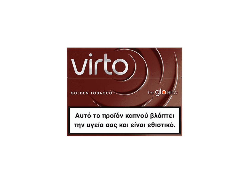 A pack of virto™ Golden Tobacco for glo HILO, with a Greek warning label stating: This product is harmful to your health and is addictive.