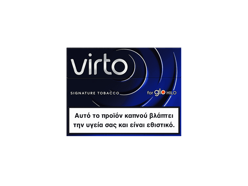 A blue virto™ Signature Tobacco pack with Greek text warning: This product harms your health and is addictive. Packaging features bold white and blue lettering.